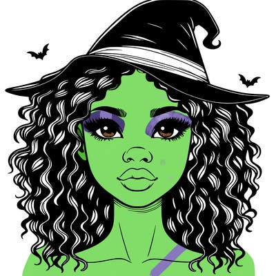 realistic black girl with wavy hair and witch hat and nose and lips