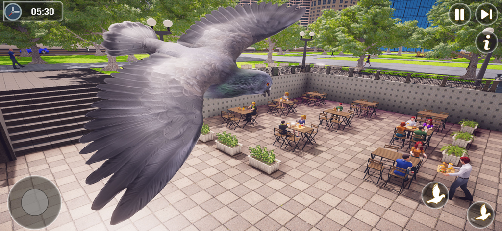 Pigeon Bird Flying Simulator - A pigeon flying over an outdoor city cafe in the Pigeon Bird Flying Simulator game