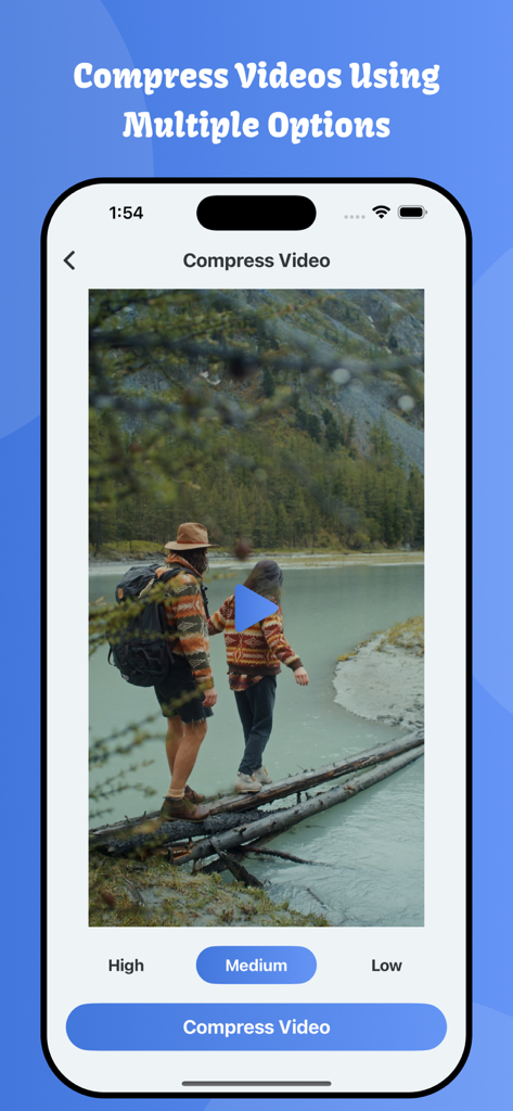 Mobile app interface showing video compression options for high medium and low quality to save device storage