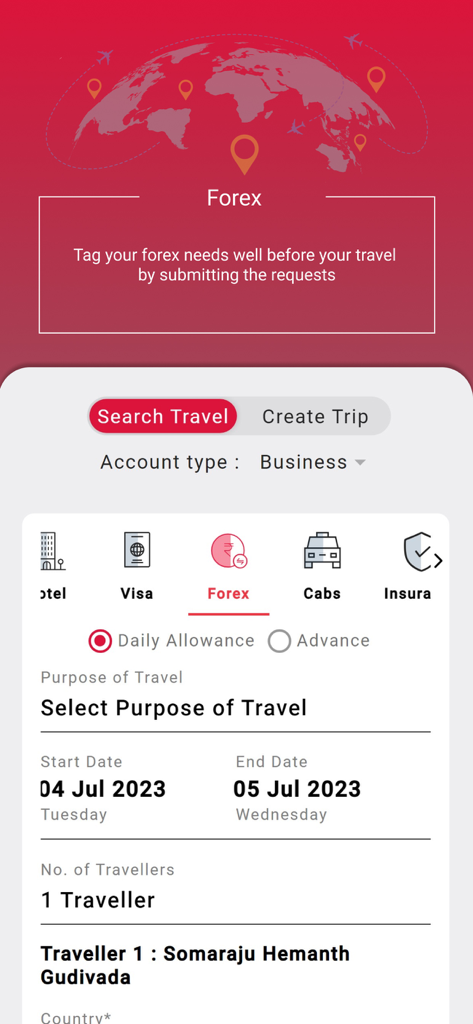 SOTC EVA - SOTC EVA App-Oberfläche zur Einreichung eines Devisenantrags für Geschäftsreisen