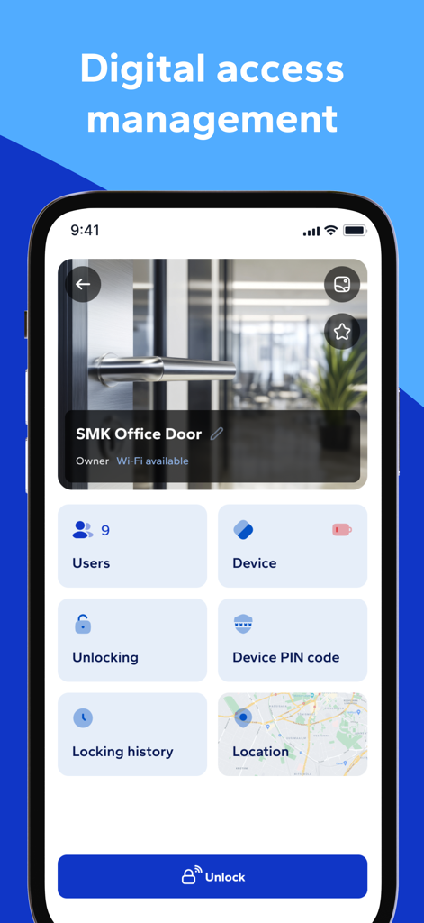 Dashboard dell'app Smart MasterKey per la gestione degli accessi digitali e lo sblocco remoto delle porte