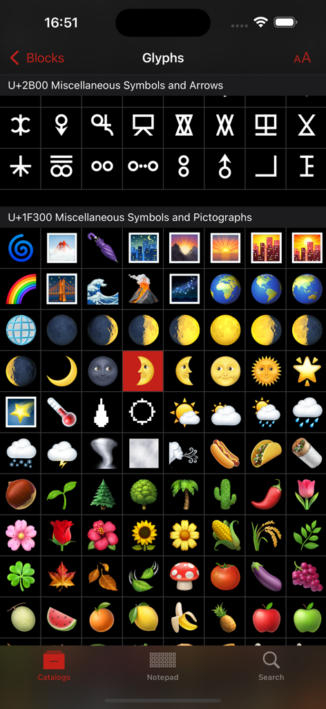 Unicode Pad Pro with keyboards - Unicode Pad Pro app screenshot showing miscellaneous symbols and pictographs including emojis and technical characters in dark mode