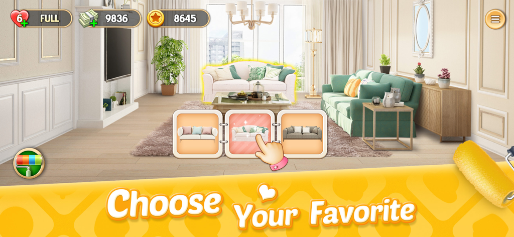 A player selecting a white sofa from three different furniture options in a modern living room design scene.