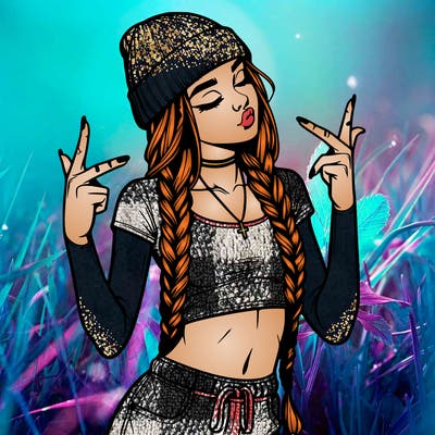 realistic teenage girl with braids and a beanie and crop top doing 🫶🏼