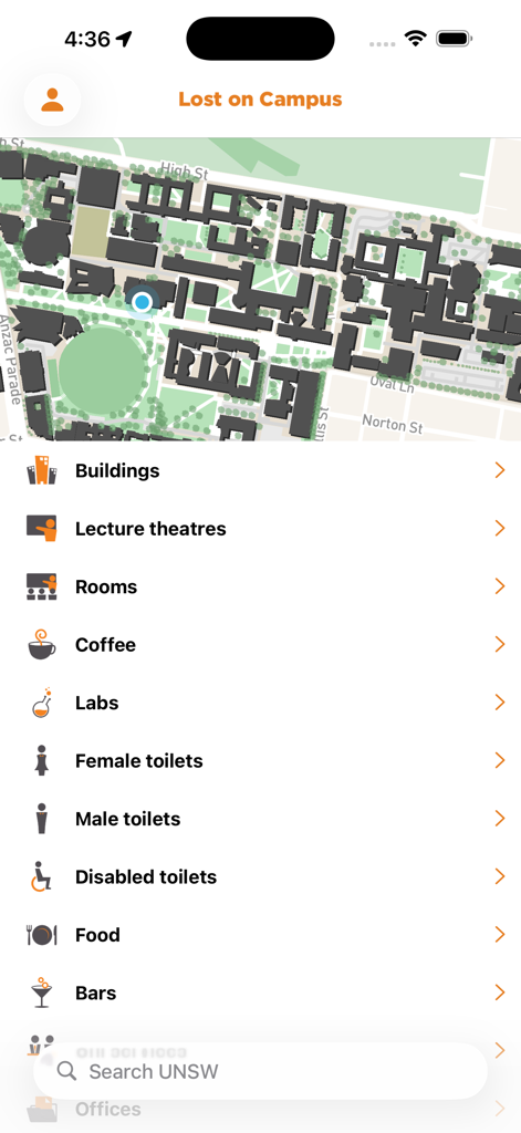 Lost on Campus app interface showing a university map and facility categories like lecture theatres and food
