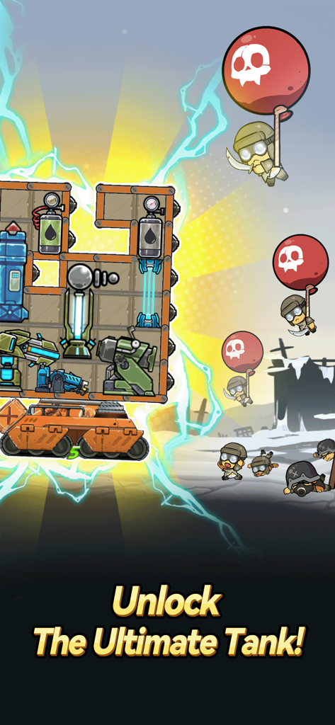 Tank Pack Attack - Le gameplay montre un char avec une grille d'armes stratégique combattant des ennemis aériens.