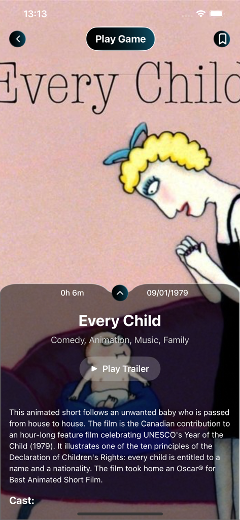 Movie information screen for the animated short Every Child in the Lazer Dodge Movie Mind app