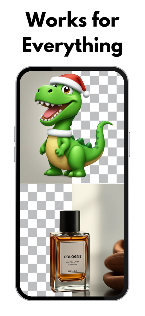 Background Eraser - Remover AI - Pantalla de aplicación móvil mostrando eliminación de fondo por IA para un dinosaurio de dibujos animados y una botella de perfume profesional.