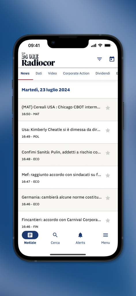 24 Ore Radiocor - Financial news feed on the 24 Ore Radiocor app displaying headlines and market updates on an iPhone interface.
