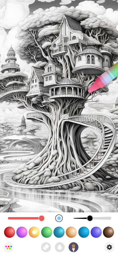 InColor: Coloring & Drawing - Un dessin au trait complexe d'une cabane dans un arbre dans l'interface de l'application InColor avec une palette de couleurs et des outils de dessin.