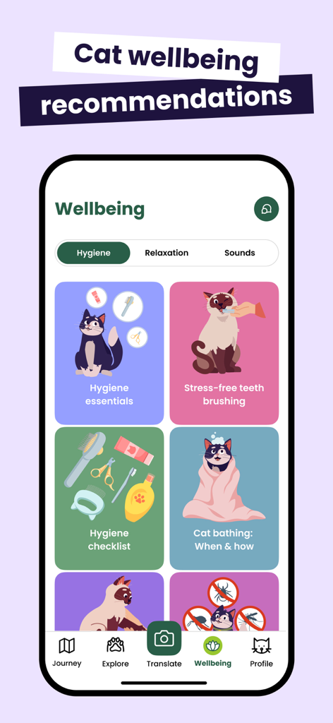 Meowz: Cat Training, Pet Care - Meowz app interface showing cat wellbeing recommendations and hygiene guides for pet care