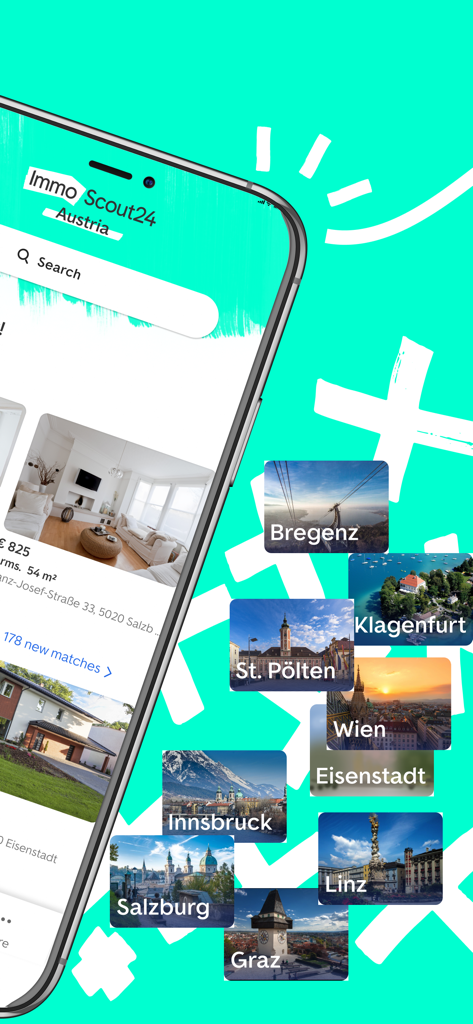 ImmoScout24 Österreich Immobilien-App-Oberfläche, die Immobilienangebote und verschiedene Kacheln zur Auswahl österreichischer Städte zeigt