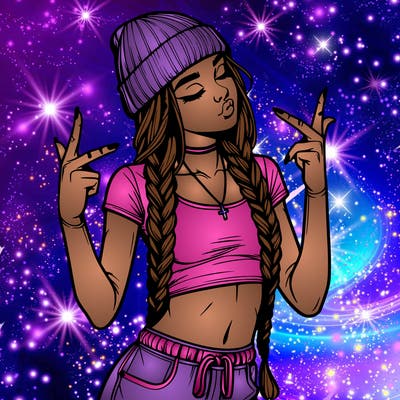 realistic teenage girl with braids and a beanie and crop top doing 🫶🏼