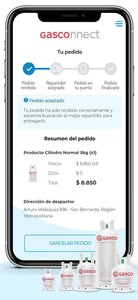 Gasconnect mobile App-Oberfläche, die den Echtzeit-Auftragsverfolgungsstatus für eine Gasflaschenlieferung in Chile anzeigt.
