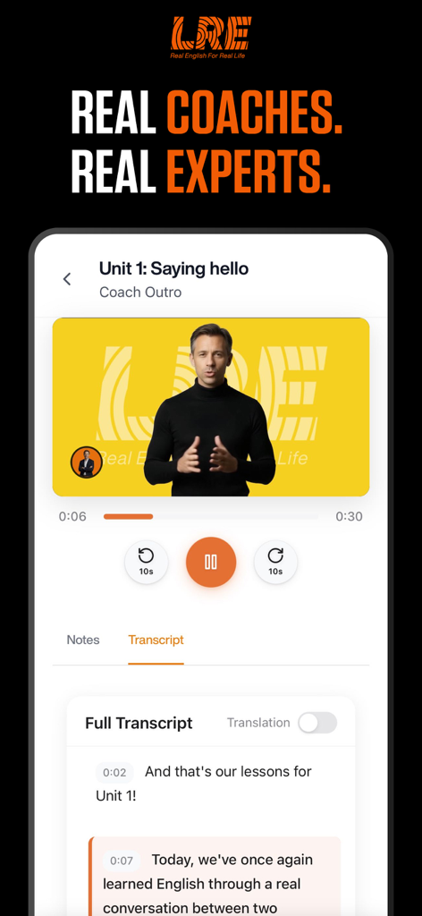 LRE® - Learn Real English - LRE app screen featuring a video lesson with a coach and a text transcript.