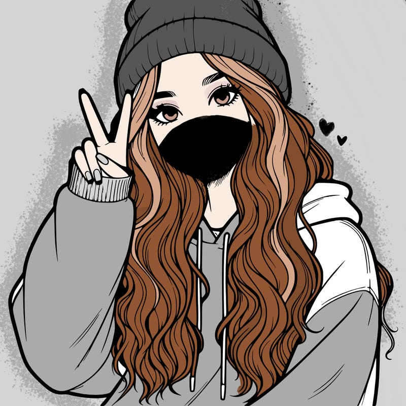 a teenage girl in a beanie, oversized sweatshirt, wavy long hair, and is showing a ✌️