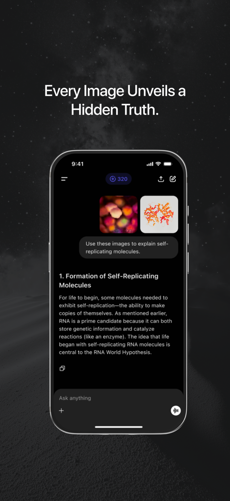 GodGPT app interface showing AI analysis of images to explain self-replicating molecules in a spiritual wellness context.