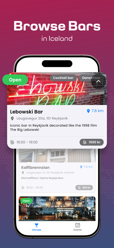 Barhopp - Happy Hour & Events - Schermata dell'app mobile Barhopp che mostra gli elenchi dei bar a Reykjavik con dettagli sugli happy hour e la distanza