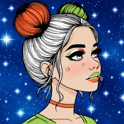 realistic girl with buns on the top of her head