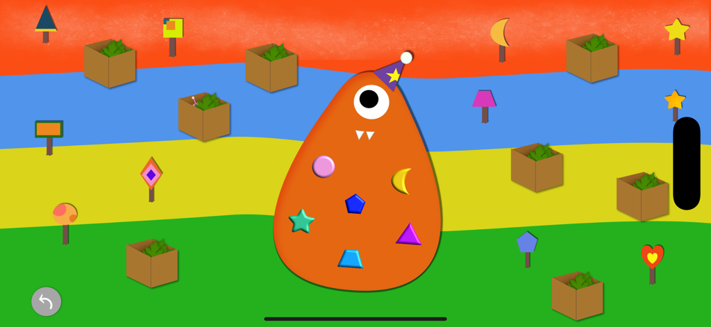 YummyChinese - Learn Chinese - YummyChineseアプリのフレンドリーなオレンジ色のモンスターが登場する、インタラクティブな図形合わせパズル