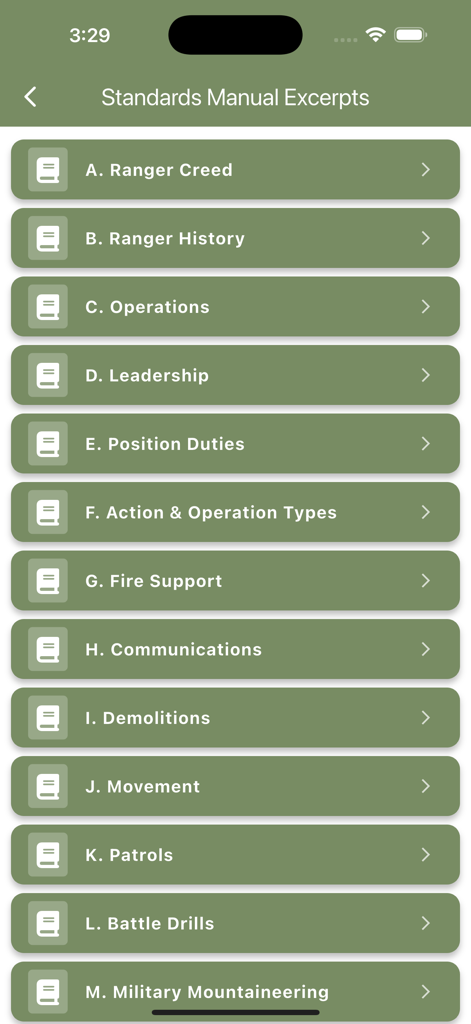Army Ranger Handbook Trainer - List of US Army Ranger Handbook standards manual excerpts including leadership and battle drills