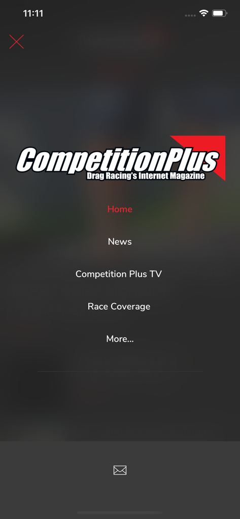 Navigation menu of the Competition Plus app showing links for news race coverage and videos