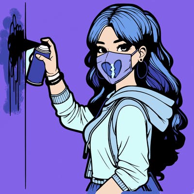 realistic girl with mask spray painting a wall