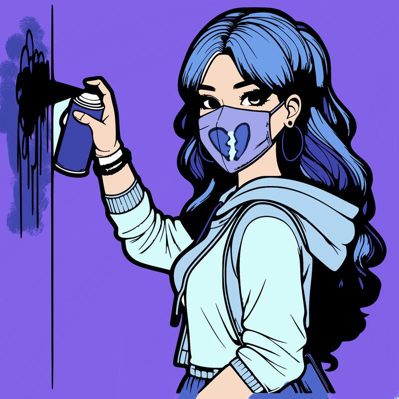 realistic girl with mask spray painting a wall