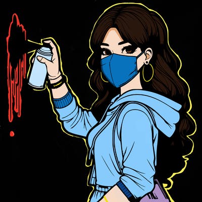 realistic girl with mask spray painting a wall
