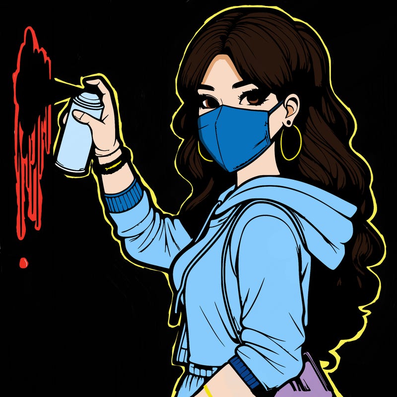 realistic girl with mask spray painting a wall