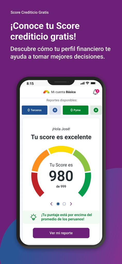 Interfaz móvil de la aplicación Mi Sentinel que muestra un puntaje crediticio alto para monitoreo financiero en Perú
