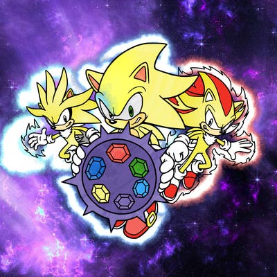 super sonic super silver, and super shadow with the chaos emeralds but remember there is only seven chaos emeralds