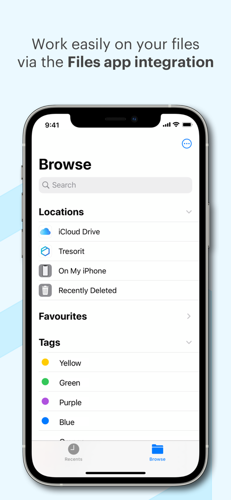 Tresorit integration with the iPhone Files app for easy file management.