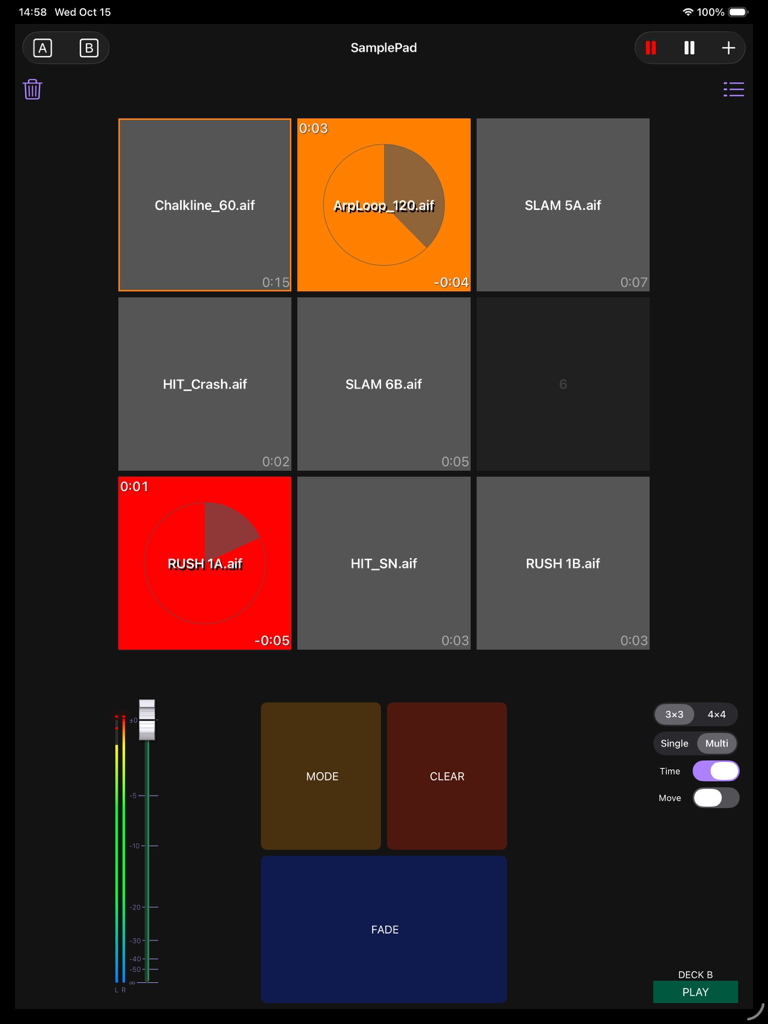 PlayBacker for iPad - Interfaz de SamplePad de PlayBacker para iPad con una cuadrícula de 3x3 de disparadores de señales de audio y controles de reproducción