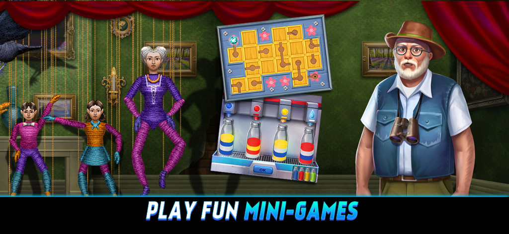 Eine Vielzahl von Logik-Minispielen und Charakteren aus dem Hidden Escape Mystery Cases Handyspiel
