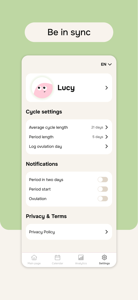 Nayya - cycle & mood tracker - Settings menu of the Nayya app showing cycle length and notification preferences for period and ovulation