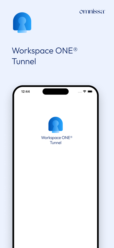 Tunnel (new) - Workspace ONE - Workspace ONE Tunnelアプリのスプラッシュスクリーン、Omnissaロゴとキーホールのアイコンが特徴