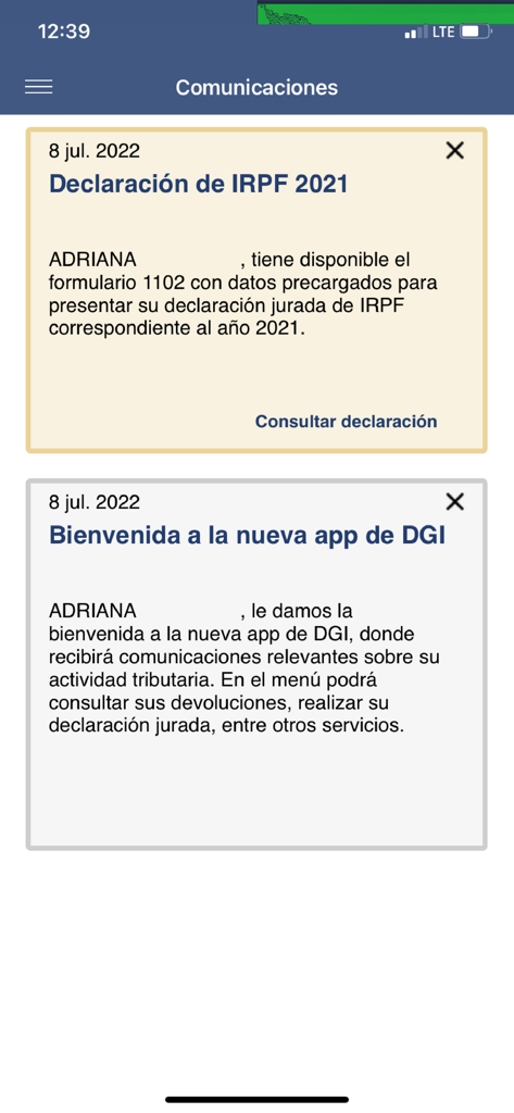 Interfaz móvil de la aplicación DGI que muestra una pantalla de comunicaciones con notificaciones sobre declaraciones de impuestos y un mensaje de bienvenida.