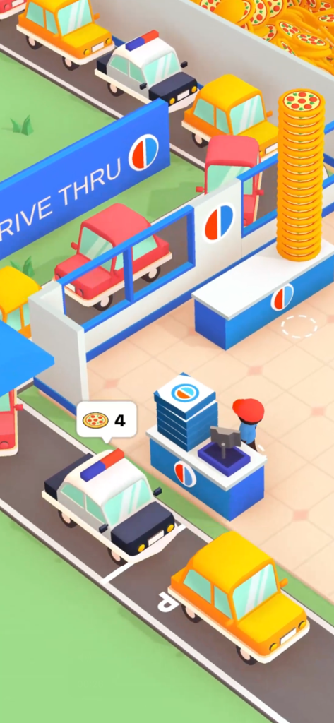 Pantalla de juego de Pizza Ready que muestra un drive-thru ocupado con coches esperando sus pedidos.