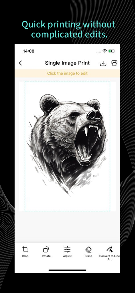 Tattoo Go - Interface of the Tattoo Go app showing a bear tattoo design with options to crop, rotate, and convert to line art before printing.