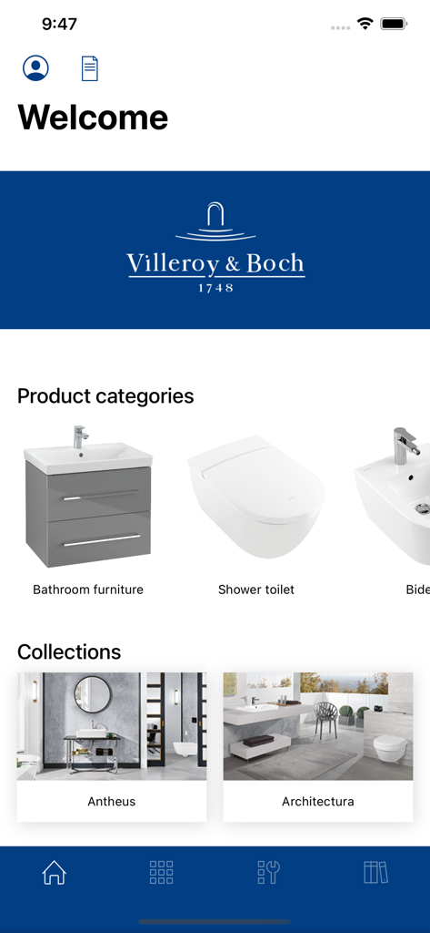 Écran d'accueil de l'application Villeroy et Boch montrant les catégories de produits de salle de bain et les collections de design