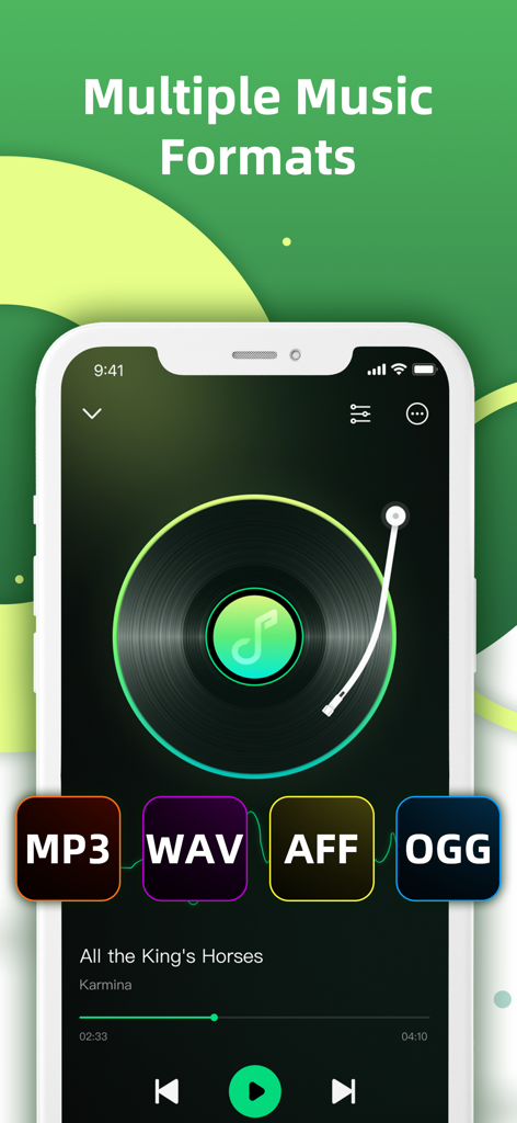 Offline Music Player MP3 Stube - Offline Music Player app interface showing support for MP3 WAV AFF and OGG music formats
