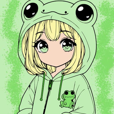 cute realistic girl in a froggy hoodie