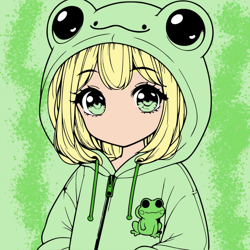 cute realistic girl in a froggy hoodie