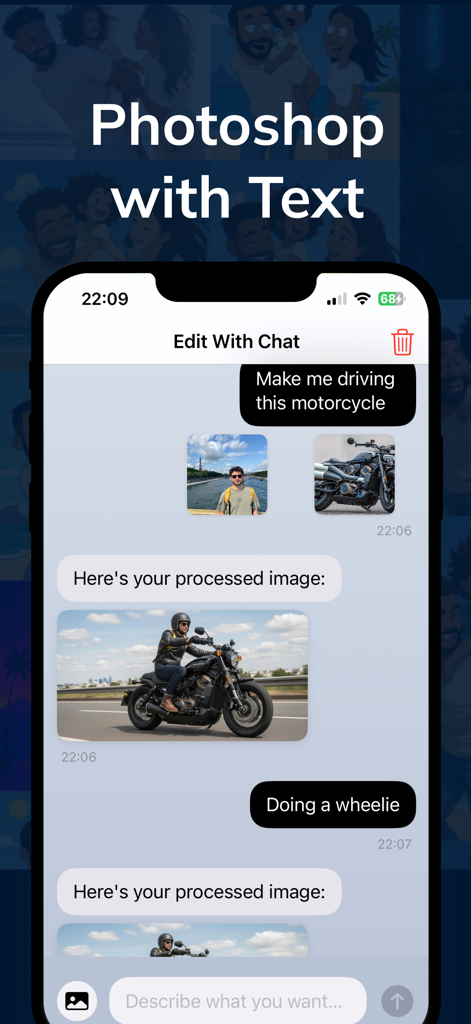 Banana Studio: AI Photo Editor - Ein mobiler App-Bildschirm, der eine Chat-Oberfläche zeigt, auf der ein Benutzer Textbefehle wie 'Mach mich mit diesem Motorrad fahrend' verwendet, um Fotos mit KI zu bearbeiten.