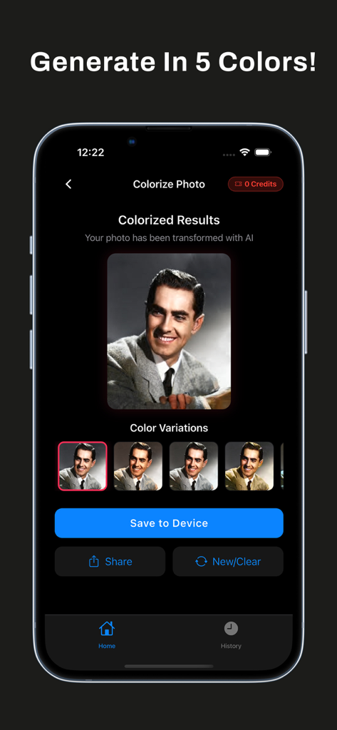 Aplicación de restauración de fotos con IA mostrando diferentes variaciones de color de un retrato vintage.