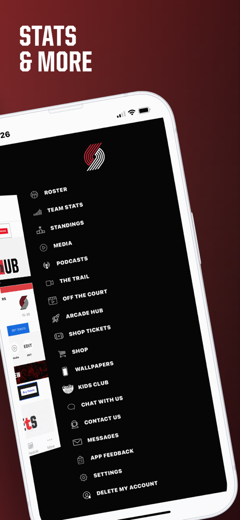 Portland Trail Blazers - Das Navigationsmenü der Portland Trail Blazers App mit Kategorien wie Teamstatistiken, Kader und Ticketverwaltung.