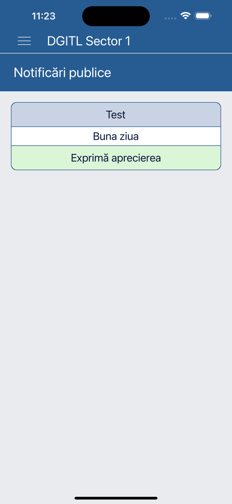 Interfaccia dell'app DGITL Settore 1 che mostra la schermata delle notifiche pubbliche con un messaggio di esempio.
