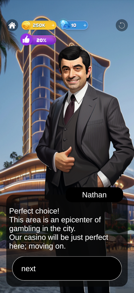 A businessman character named Nathan gives a thumbs up in front of a modern casino building in the Fortune World mobile game