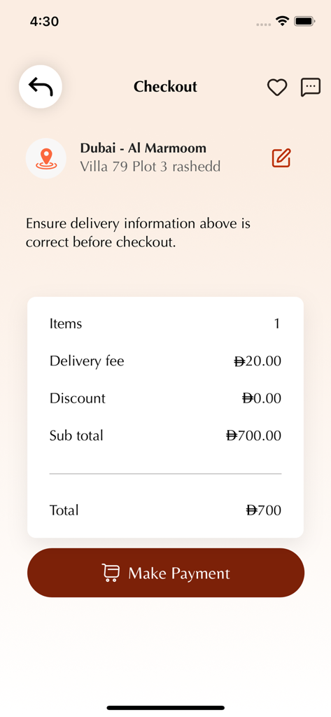 Checkout screen of the 3bayti app showing delivery details and order total